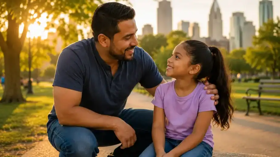 Father and daughter smiling at each other in park during sunset.